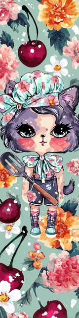 Free kawaii cats bookmark featuring a cherry-themed cat cooking